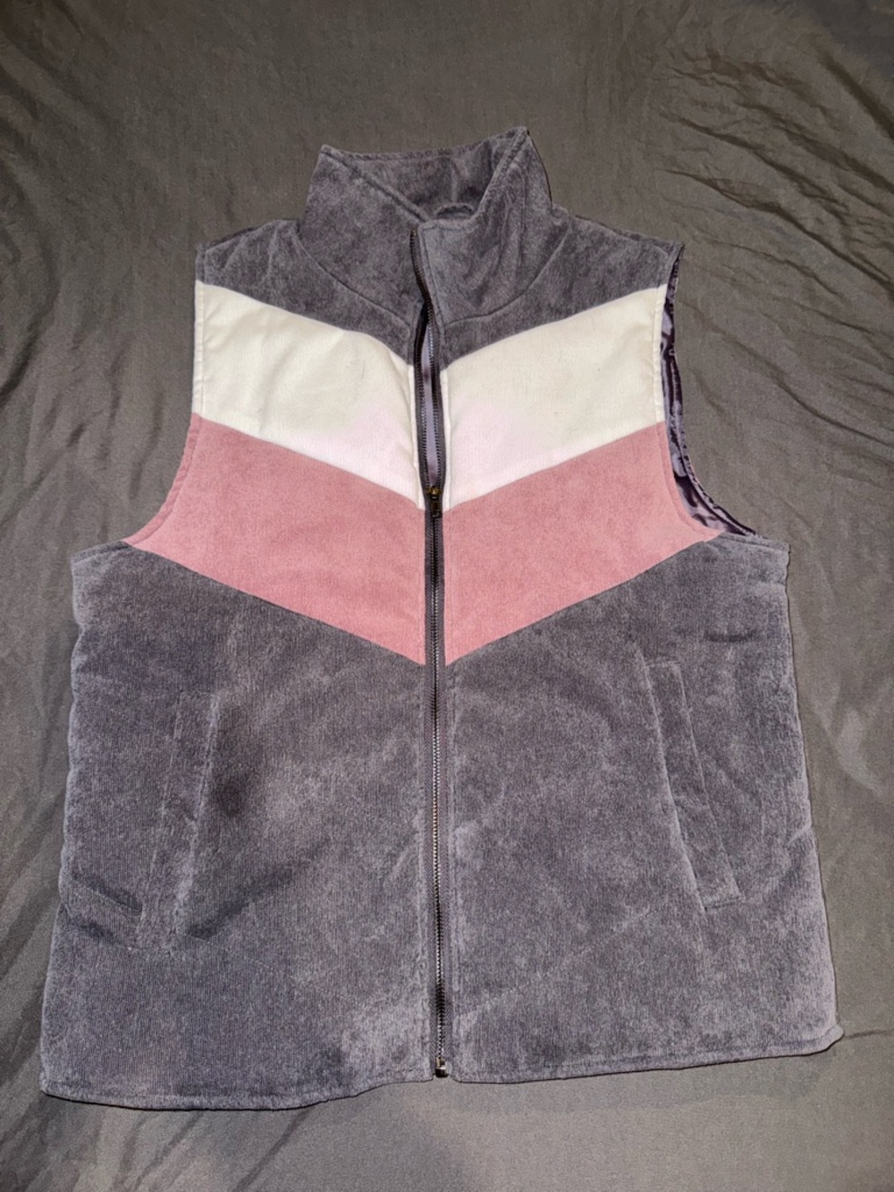 Cozy Chevron Panel Fleece Vest in Gray, Pink & White